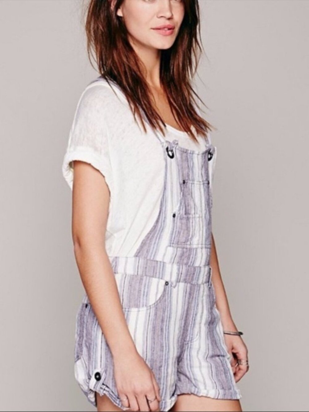 Free People Striped Linen Blend Overall Shorts Romper, Size 4